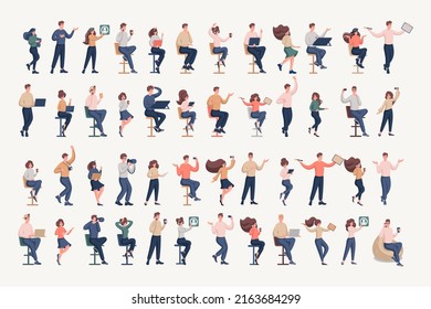 Set of happy people demonstrating the joy of work, draws, works at a laptop, composes poems, programs. Color flat vector illustration