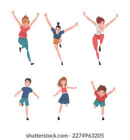 Set of happy people of different ages running with their arms outstretched. Freedom, carelessness, joy cartoon vector illustration