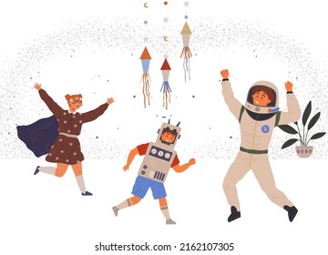 Set of happy people in different costumes for space party. Characters dressed as astronauts, explorers. Outfit for holiday in cosmic style. Men and women in creative self made suits for costume party