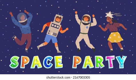Set of happy people in different costumes for space party. Characters dressed as astronauts, explorers. Outfit for holiday in cosmic style. Men and women in creative self made suits for costume party