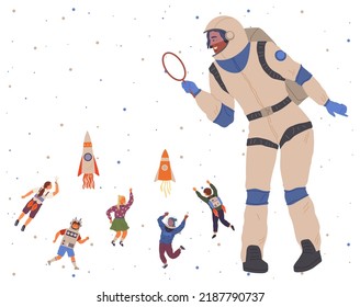 Set of happy people in different costumes for space party. Characters dressed as astronauts, explorers. Outfit for holiday in cosmic style. Men and women in creative self made suits for costume party