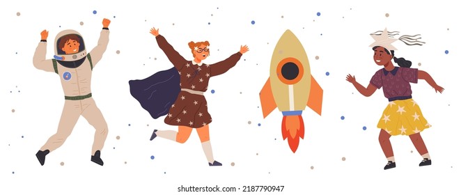 Set of happy people in different costumes for space party. Characters dressed as astronauts, explorers. Outfit for holiday in cosmic style. Men and women in creative self made suits for costume party