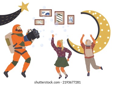 Set of happy people in different costumes for space party. Characters dressed as astronauts, explorers. Outfit for holiday in cosmic style. Men and women in creative self made suits for costume