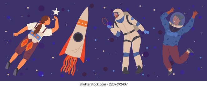 Set of happy people in different costumes for space party. Characters dressed as astronauts, explorers. Outfit for holiday in cosmic style. Men and women in creative self made suits for costume party