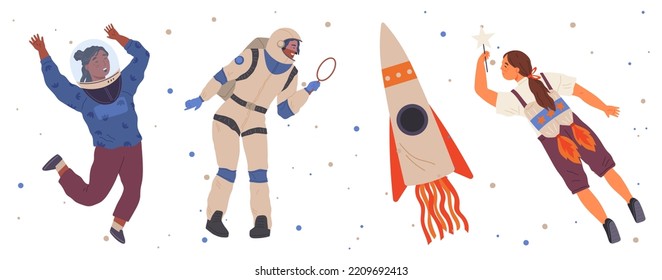 Set of happy people in different costumes for space party. Characters dressed as astronauts, explorers. Outfit for holiday in cosmic style. Men and women in creative self made suits for costume party