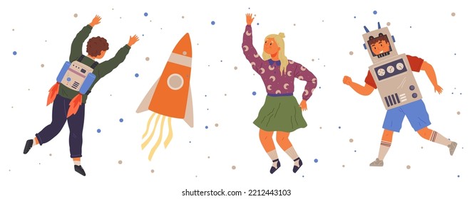 Set of happy people in different costumes for space party. Characters dressed as astronauts, explorers. Outfit for holiday in cosmic style. Men and women in creative self made suits for costume party
