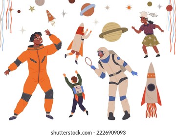 Set of happy people in different costumes for space party. Characters dressed as astronauts, explorers. Outfit for holiday in cosmic style. Men and women in creative self made suits for costume party