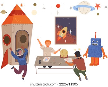 Set of happy people in different costumes for space party. Characters dressed as astronauts, explorers. Outfit for holiday in cosmic style. Men and women in creative self made suits for costume party