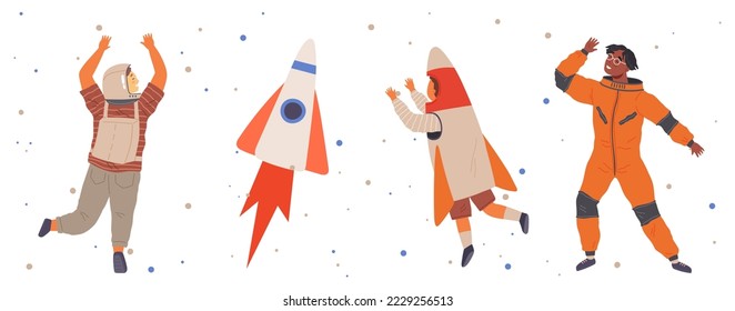 Set of happy people in different costumes for space party. Characters dressed as astronauts, explorers. Outfit for holiday in cosmic style. Men and women in creative self made suits for costume party