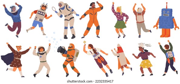 Set of happy people in different costumes for space party. Characters dressed as astronauts, explorers. Outfit for holiday in cosmic style. Men and women in creative self made suits for costume party