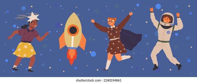 Set of happy people in different costumes for space party. Characters dressed as astronauts, explorers. Outfit for holiday in cosmic style. Men and women in creative self made suits for costume party