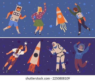 Gente feliz con diferentes disfraces para una fiesta espacial. Personajes vestidos como astronautas, exploradores. Ideal para las vacaciones en un estilo cósmico. Hombres y mujeres con traje creativo hecho a sí mismos para la fiesta de disfraces