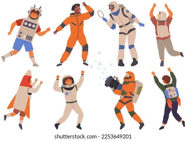 Set of happy people in different costumes for space party. Characters dressed as astronauts, explorers. Outfit for holiday in cosmic style. Men and women in creative self made suits for costume party