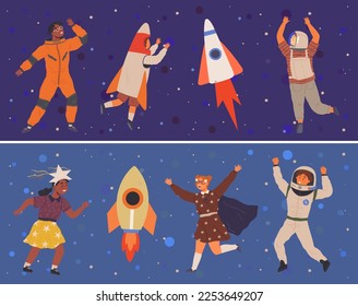 Set of happy people in different costumes for space party. Characters dressed as astronauts, explorers. Outfit for holiday in cosmic style. Men and women in creative self made suits for costume party