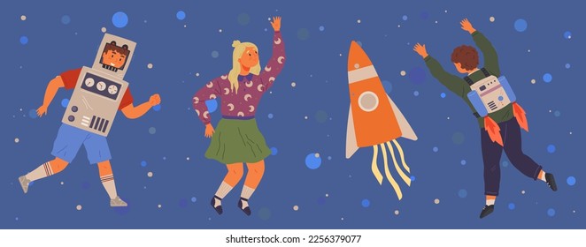 Set of happy people in different costumes for space party. Characters dressed as astronauts, explorers. Outfit for holiday in cosmic style. Men and women in creative self made suits for costume party
