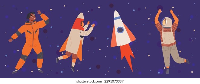 Set of happy people in different costumes for space party. Characters dressed as astronauts, explorers. Outfit for holiday in cosmic style. Men and women in creative self made suits for costume party