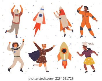 Set of happy people in different costumes for space party. Characters dressed as astronauts, explorers. Outfit for holiday in cosmic style. Men and women in creative self made suits for costume party