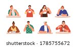 Set of happy people eating delicious dessert at cafe. Sweet addiction, harmful snack. Enjoyment, pleasure or sweet tooth concept. Flat vector cartoon illustration isolated on white background