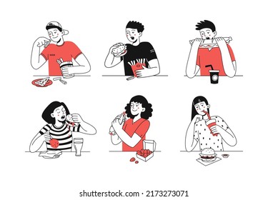 Set of happy people eating delicious fast food. Bad snack. Unhealthy Lifestyle. Vector fashion flat illustration