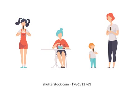 Set of Happy People Enjoying Eating of Delicious Desserts Flat Vector Illustration