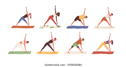 Set of happy people exercising yoga on mats. Men and women standing in triangle pose or trikonasana position, stretching their bodies. Colored flat vector illustration isolated on white background