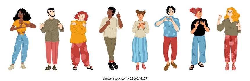 Set of happy people expressing self-love emotions. Female and male flat characters smiling, making hand heart gestures, hugging and rewarding themselves. Concept of self-acceptance. Vector