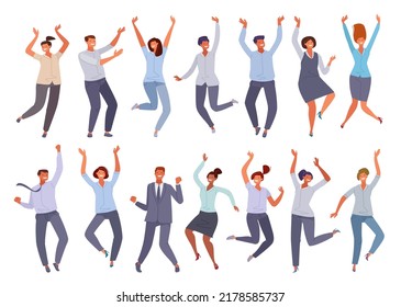 Set of happy people exulting and enthusiastically rejoicing in business success. Men and women, office staff rejoice