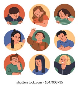 Set of happy people faces at round frames. Smiling men and women portraits collection. Vector flat hand drawn cartoon characters illustration.