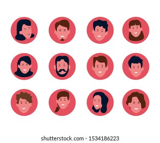 set of happy people faces smiling over red circles and white background, colorful design. vector illustration