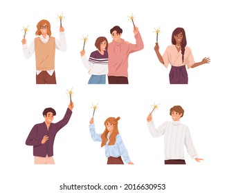 Set of happy people with festive sparklers in hands, celebrating event. Man and woman holding burning Bengal lights for holiday celebration. Flat vector illustration isolated on white background
