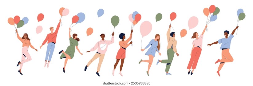 Eine Gruppe glücklicher Menschen, die mit Ballons fliegen. Lächelnde sorglose Männer und Frauen halten einen Haufen Ballons und fliegen nach oben. Konzept von Freiheit und Freude. Flache Vektorgrafik einzeln auf weißem Hintergrund