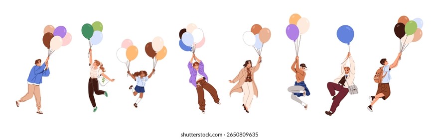 Conjunto de pessoas felizes voando com balões no céu. Homens, mulheres e crianças voam com lindos balões. Os personagens sonham, voando no ar. Ilustrações de vetor isoladas planas sobre fundo branco