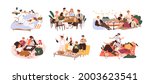 Set of happy people gathering together at holiday party. Friends having fun at leisure. Outdoors and indoors meetings and entertainments. Flat graphic vector illustrations isolated on white background