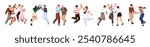 Set of happy people give high five, rejoice together. Friends celebrate win, victory, slap hands, fist bumps. Employee team has fun of success. Flat isolated vector illustrations on white background