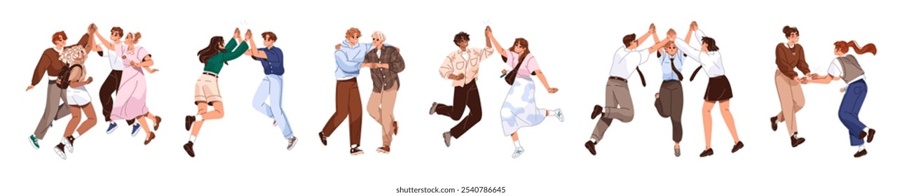 Set of happy people give high five, rejoice together. Friends celebrate win, victory, slap hands, fist bumps. Employee team has fun of success. Flat isolated vector illustrations on white background