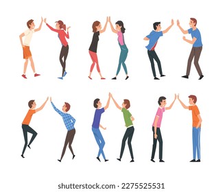 Set of happy people giving high five. Cheerful colleagues or friends metting, celebrating goal achievement cartoon vector illustration