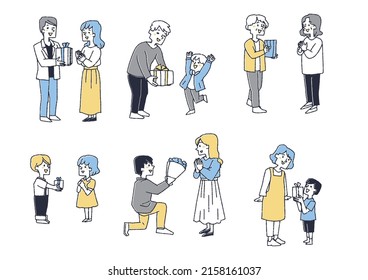 Set of happy people giving presents to friends and family 2 Comical handwritten person vector, warm line drawing