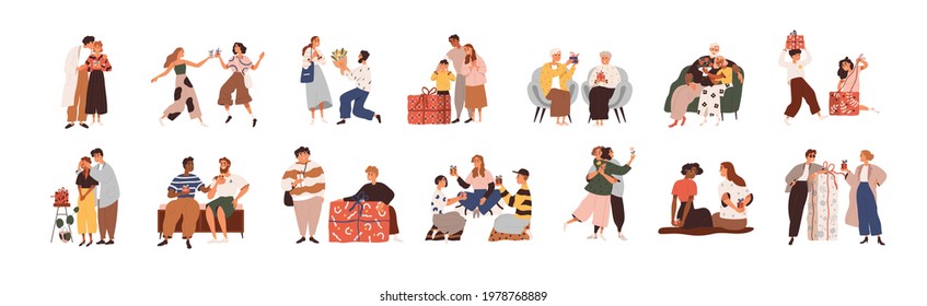 Set of happy people giving and receiving gifts, presenting flowers. Families, friends, love couples and children with presents. Colored flat graphic vector illustration isolated on white background