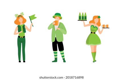 Set of Happy People in Green Irish National Costumes, Saint Patrick s Day Holiday Celebration Cartoon Vector Illustration