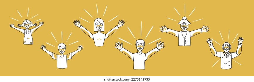 Set of happy people. Happiness of boy and girl, man and woman, grandfather and grandmother. Glowing, open arms. Orange and white, sketched style vector illustration.
