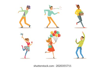 Set of Happy People Having Fun at Birthday Party, Friends Celebrating Holidays Cartoon Vector Illustration