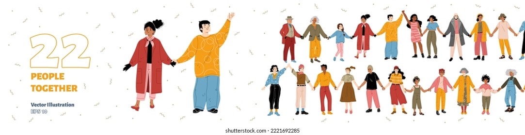 Set of happy people holding hands together. Senior, adult, young and kids characters togetherness, happiness, friendship or unity concept. Men and women stand in row Cartoon linear vector illustration