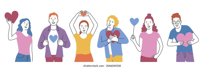 Set of happy people holding hearts. Valentine s Day. Love and volunteering. Hand drawn vector illustration.