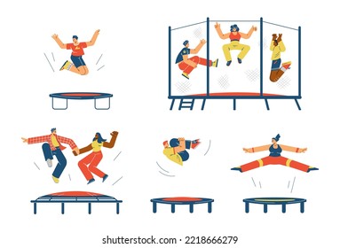 Set of happy people jumping on trampoline flat style, vector illustration isolated on white background. Friends having fun together, making tricks, relaxing and enjoy jumping