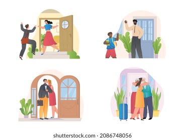 Set of happy people leaving or returning home. Young men, women and children come to cozy home after work, study, school or walking. Cartoon flat vector collection isolated on white background