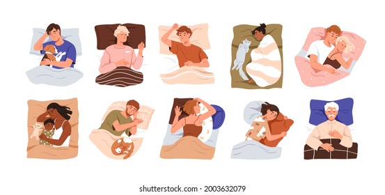Set of happy people lying with pillows and blankets, sleeping alone and in couple in beds. Asleep men and women. Deep dream and bedtime concept. Flat vector illustration isolated on white background.