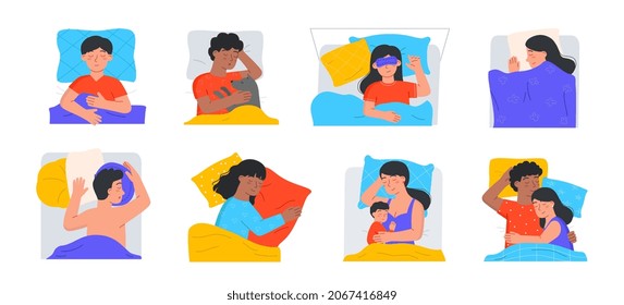 Set of happy people lying with pillows. Sleeping men and women. Mother sleeping with child, couple lying together. Rest and energy recovery. Cartoon flat vector collection isolated on white background