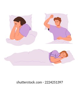 Set of happy people lying with pillows and blankets, sleeping alone in beds. Asleep men and women. Deep dream and bedtime concept. Flat vector illustration isolated on white background.