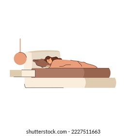 Set of happy people lying with pillows and blankets, sleeping alone in beds. Asleep women. Deep dream and bedtime concept. Flat vector illustration isolated on white background.