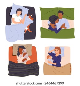 Set of happy people lying with pillows and blankets, sleeping alone and in couple in beds. Asleep men and women. Deep dream and bedtime concept. Flat vector illustration isolated on white background.